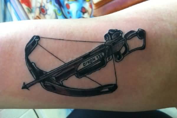 Great Black Bow And Arrow Tattoo On Forearm