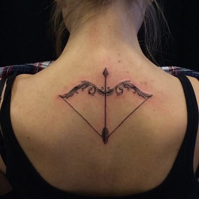 Great Sagittarius Bow And Arrow Tattoo On Nape