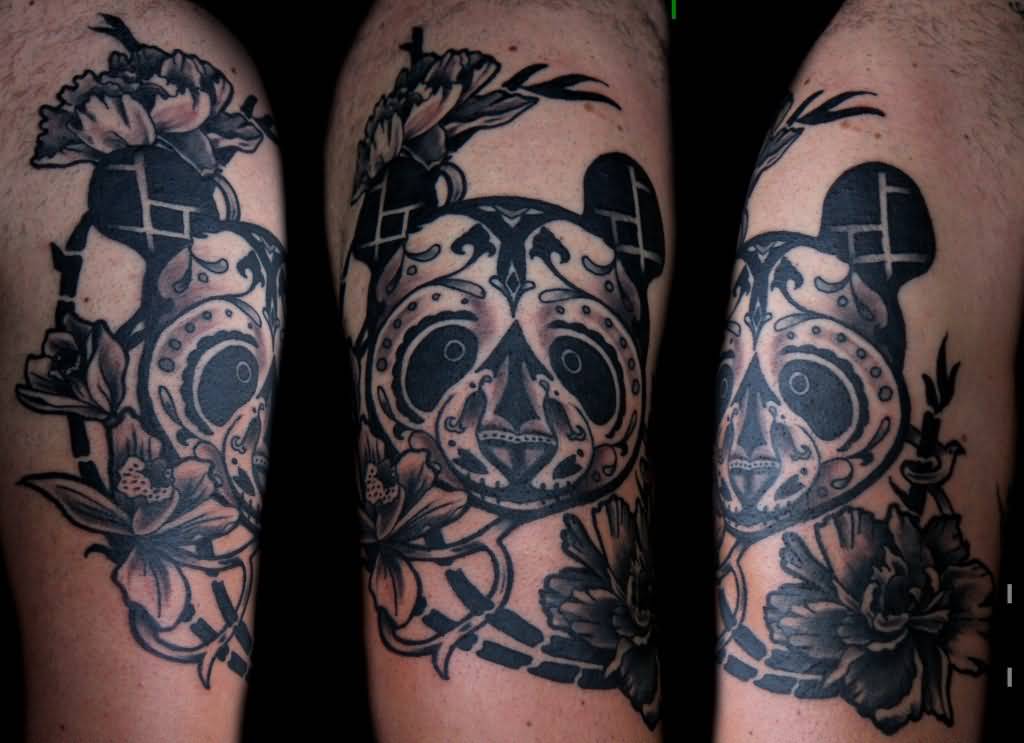 Greatly Decorated Panda Face With Flowers Tattoo On Arm Sleeve
