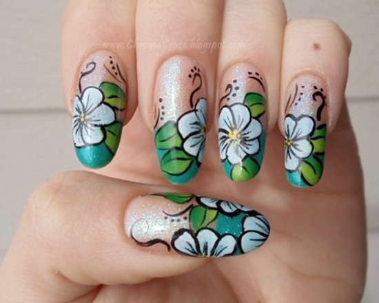 Green And Blue Flower Nail Art Design Idea