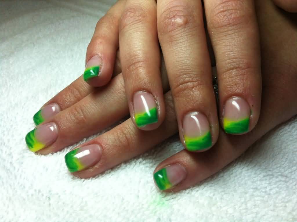 Green And Yellow Acrylic French Tip Nail Art
