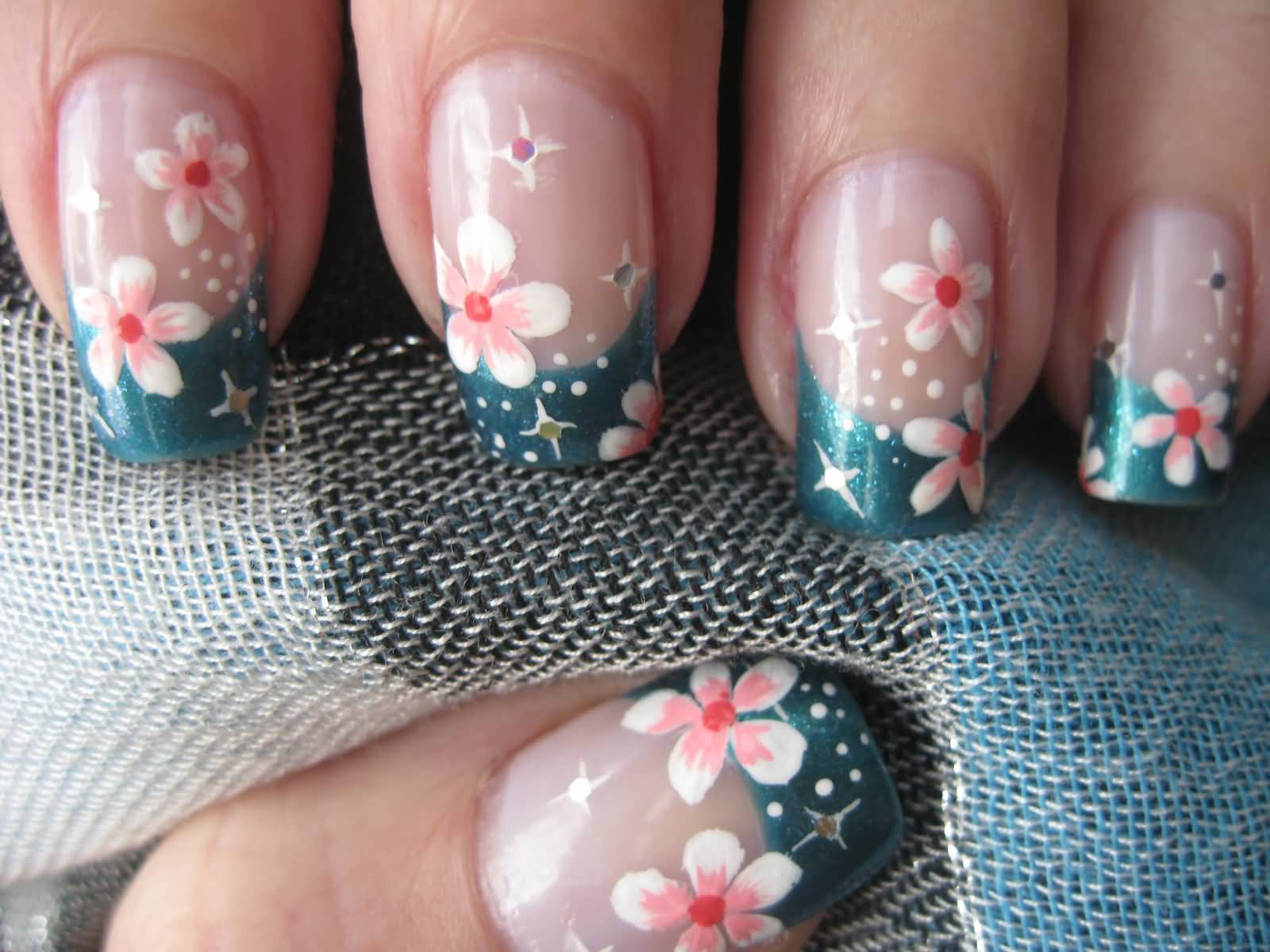 Green French Tip Nail Art With Cute Flowers Design