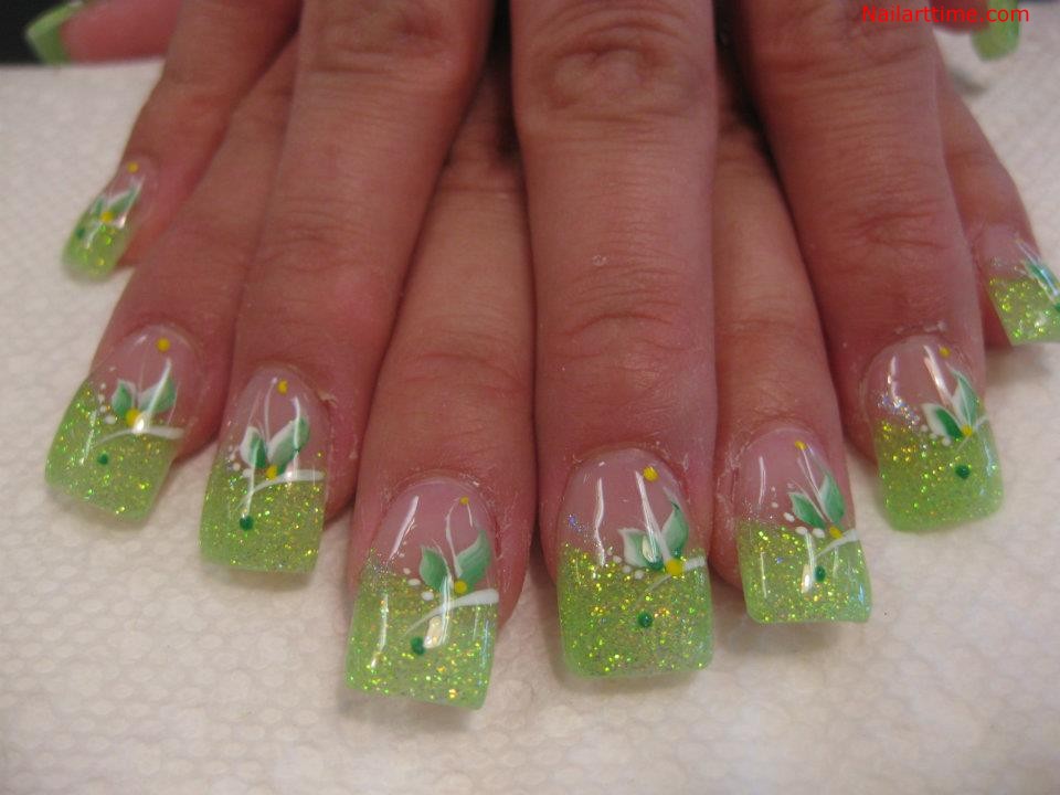 Green Gel Glitter French Tip Nail Art Design
