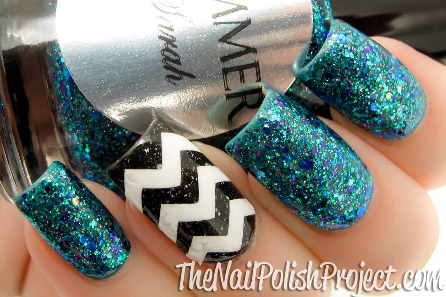 Green Glitter Nails With Black And White Accent Chevron Nail Art