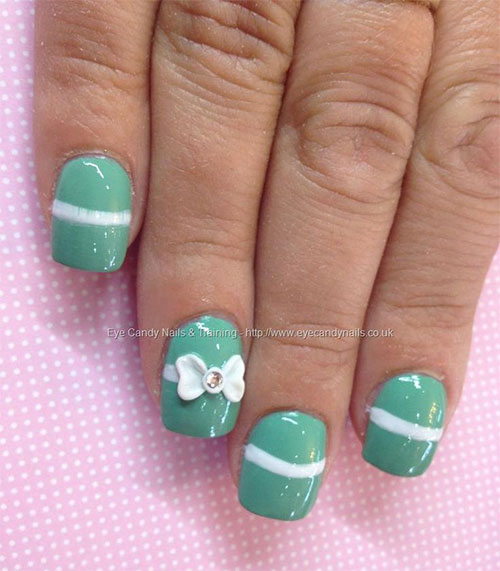 Green Glossy Nails With White 3d Bow Nail Art Design