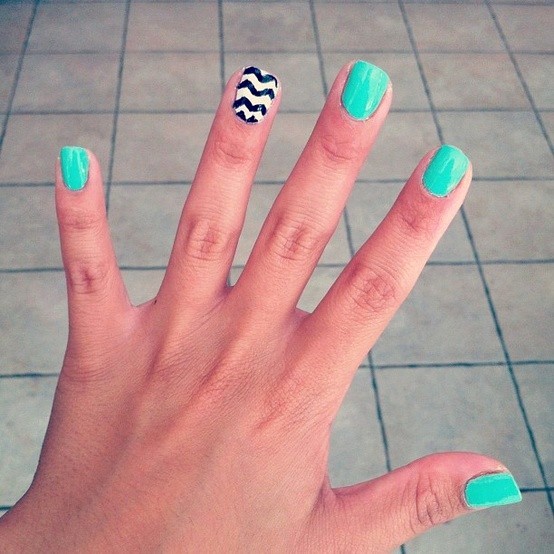 Green Nails With Black And White Accent Chevron Nail Art