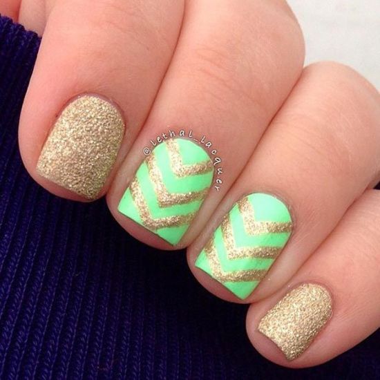 Green Nails With Golden Glitter Chevron Nail Art Design