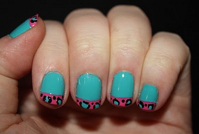 Green Nails With Leopard Print French Tip Nail Art