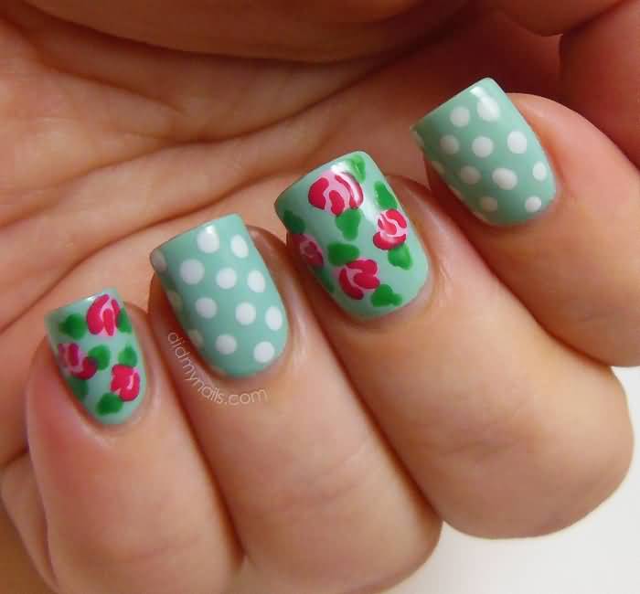 Green Nails With Pink Flowers Nail Art With Polka Dots