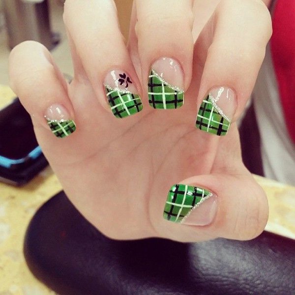 Green Patterned French Tip Nail Art