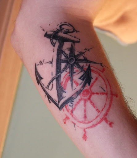 Grey Anchor And Red Compass Tattoo