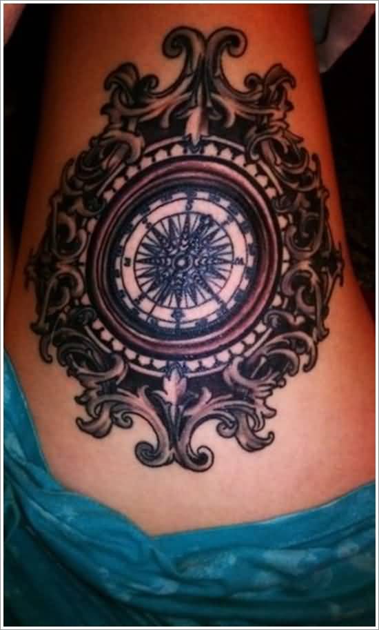 Grey And Black Feminine Compass Tattoo On Side Rib