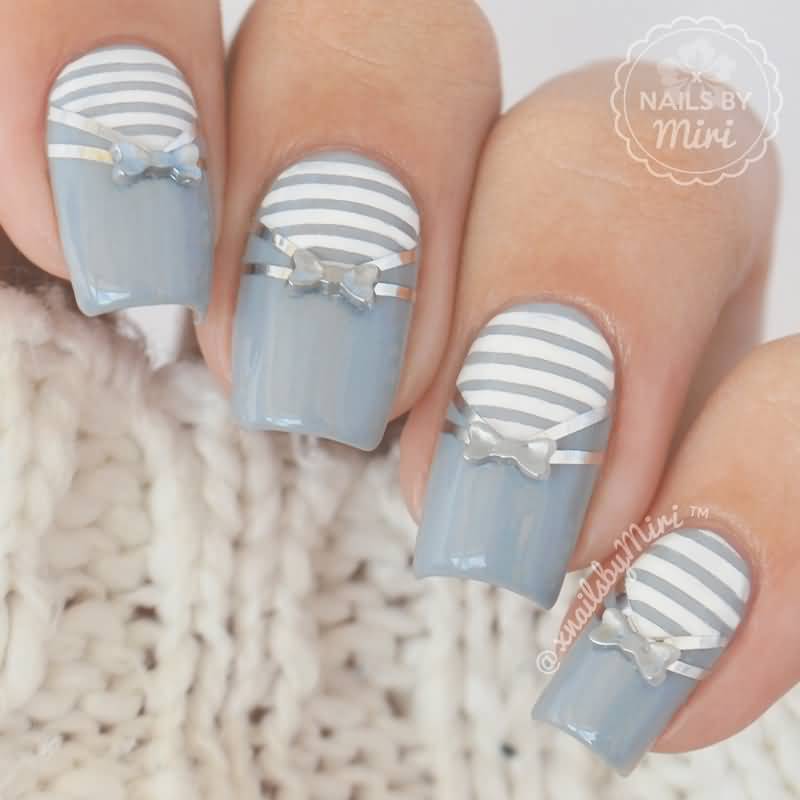 Grey And White Stripes Nails With 3d Bow Nail Art
