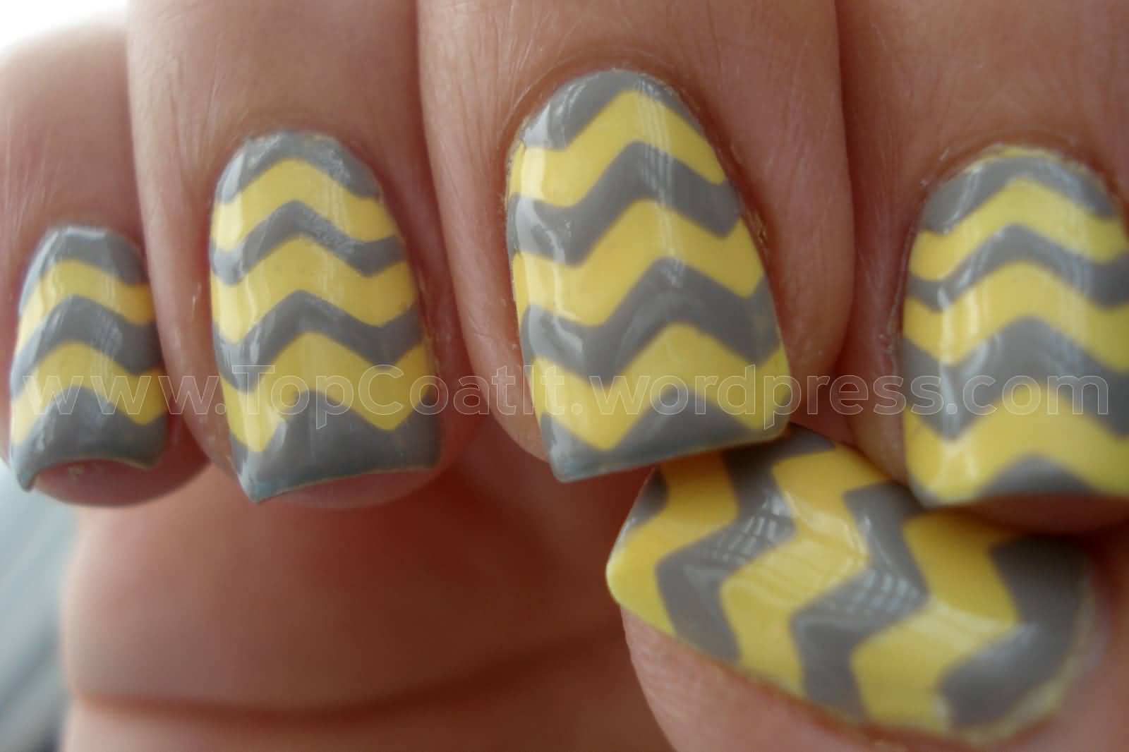 Grey And Yellow Acrylic Chevron Nail Art Design