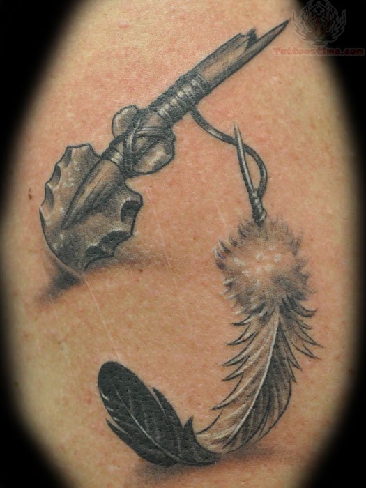 Grey Arrow With Feather Tattoo Design