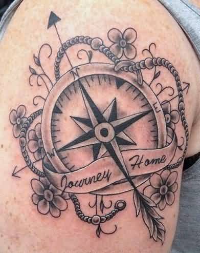 Grey Flowers And Compass Tattoo On Right Shoulder