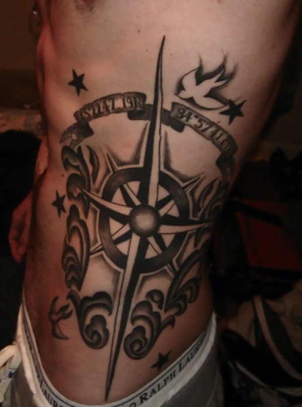 Grey Ink Compass Tattoo On Man Side Rib