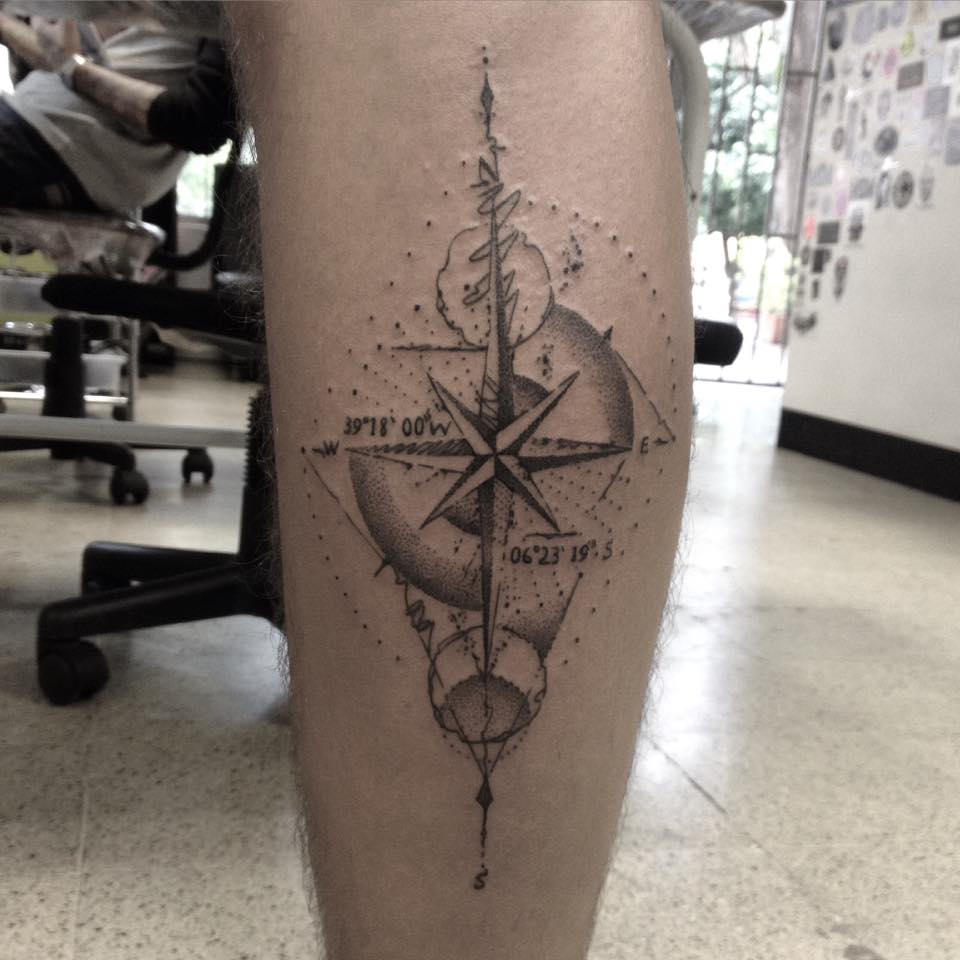 Grey Ink Dotwork Compass Tattoo On Leg by Daniel Rozo