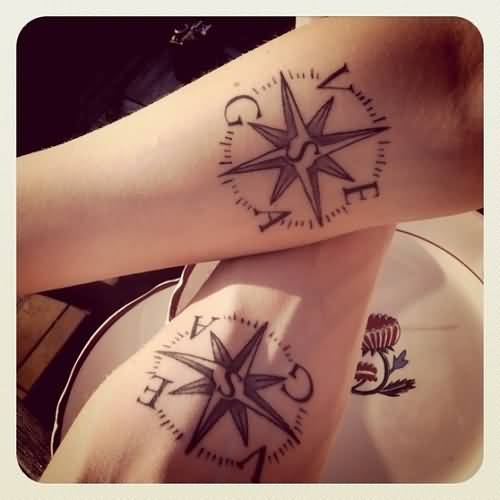 Grey Ink Feminine Compass Tattoo On Forearm