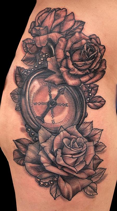Grey Rose And Feminine Compass Tattoo