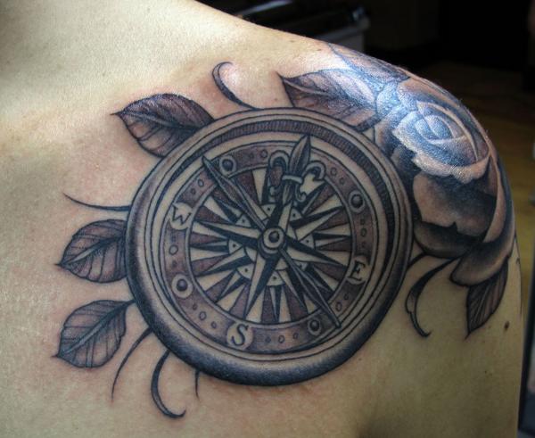 Grey Rose Flower And Compass Tattoo On Left Shoulder