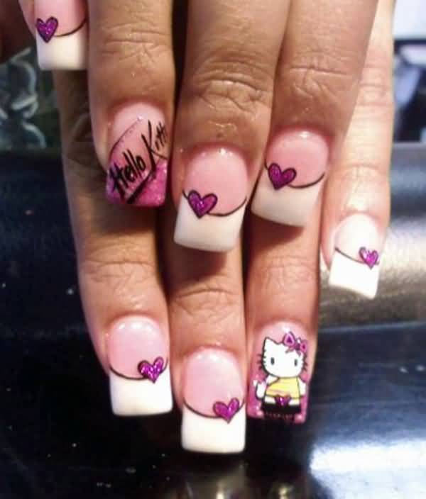 Hello Kitty White French Tip Nail Art With Pink Hearts