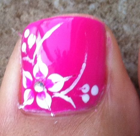 Hot Pink Nail With White Flower Nail Art