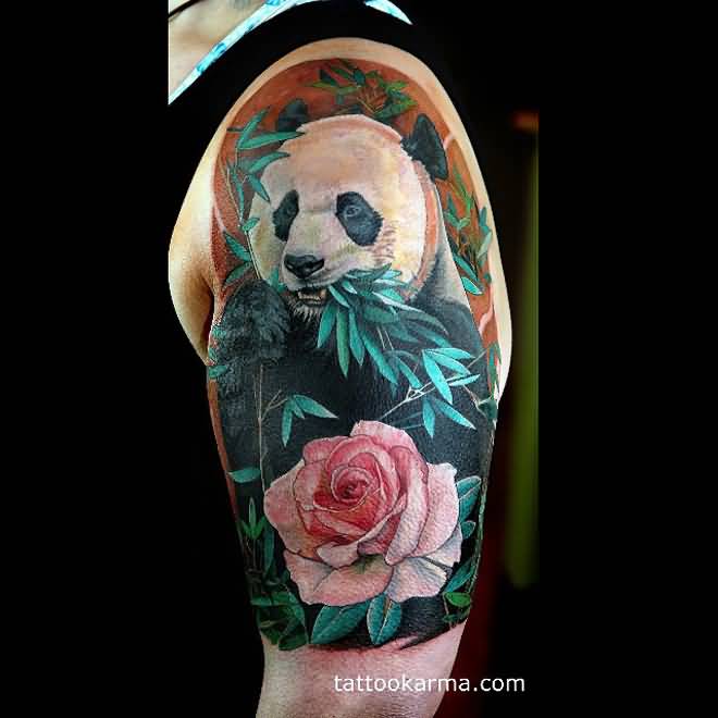 Incredible 3D Panda Eating Leaves And Red Flowers Tattoo On Half Sleeve For Men
