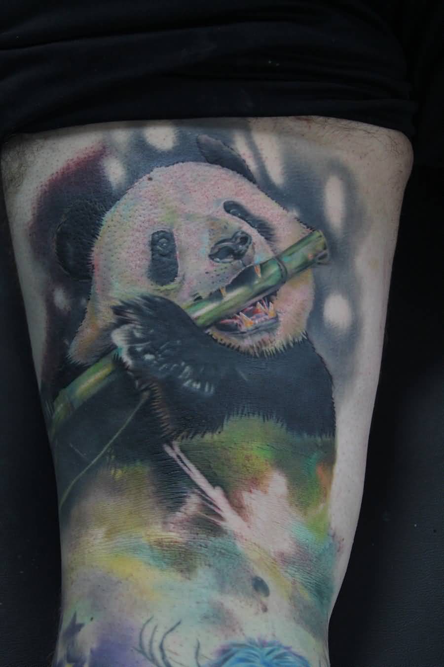 Incredible Colorful Panda Eating Bamboo Tattoo