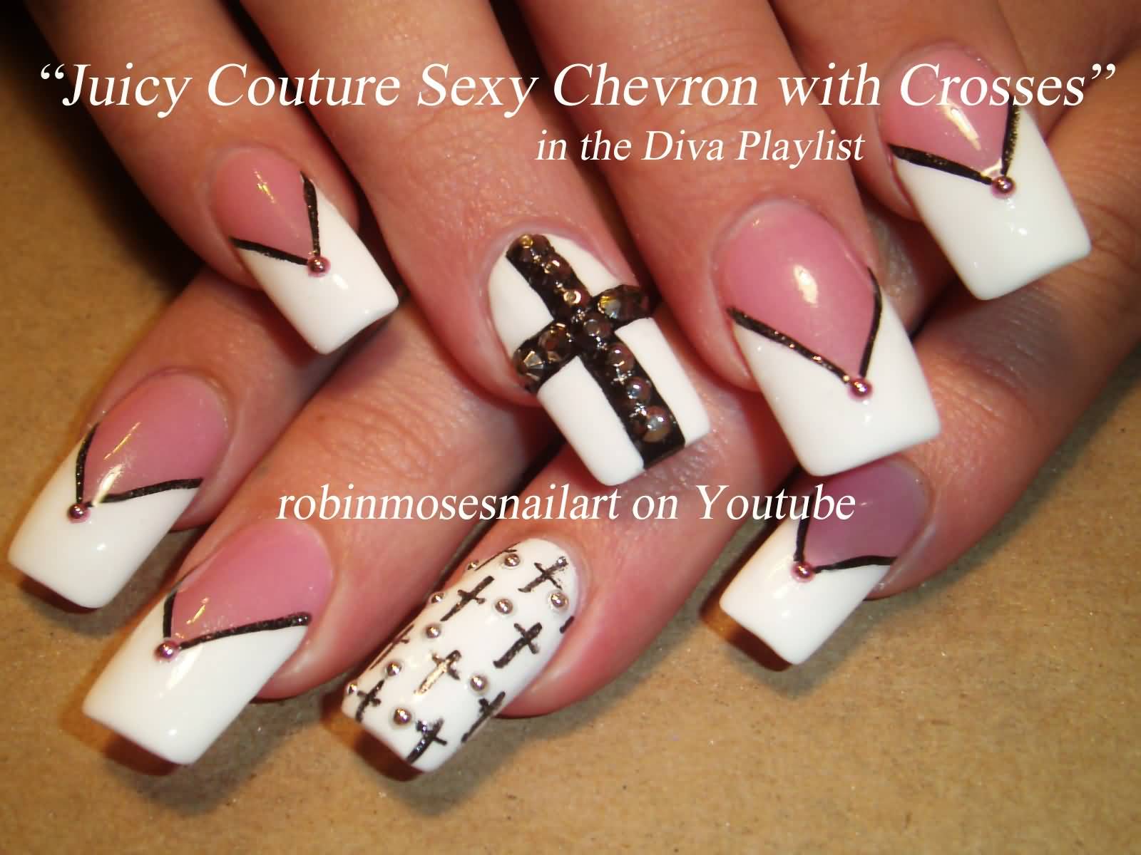 Juicy Couture Chevron Nail Art With Crosses