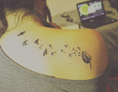 Latest Birds Flowing From Dandelion Tattoo On Shoulder To Nape For Girl