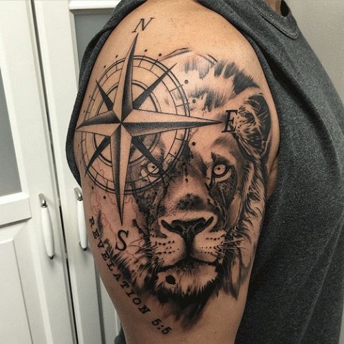 Lion Head And Compass Tattoo On Right Shoulder