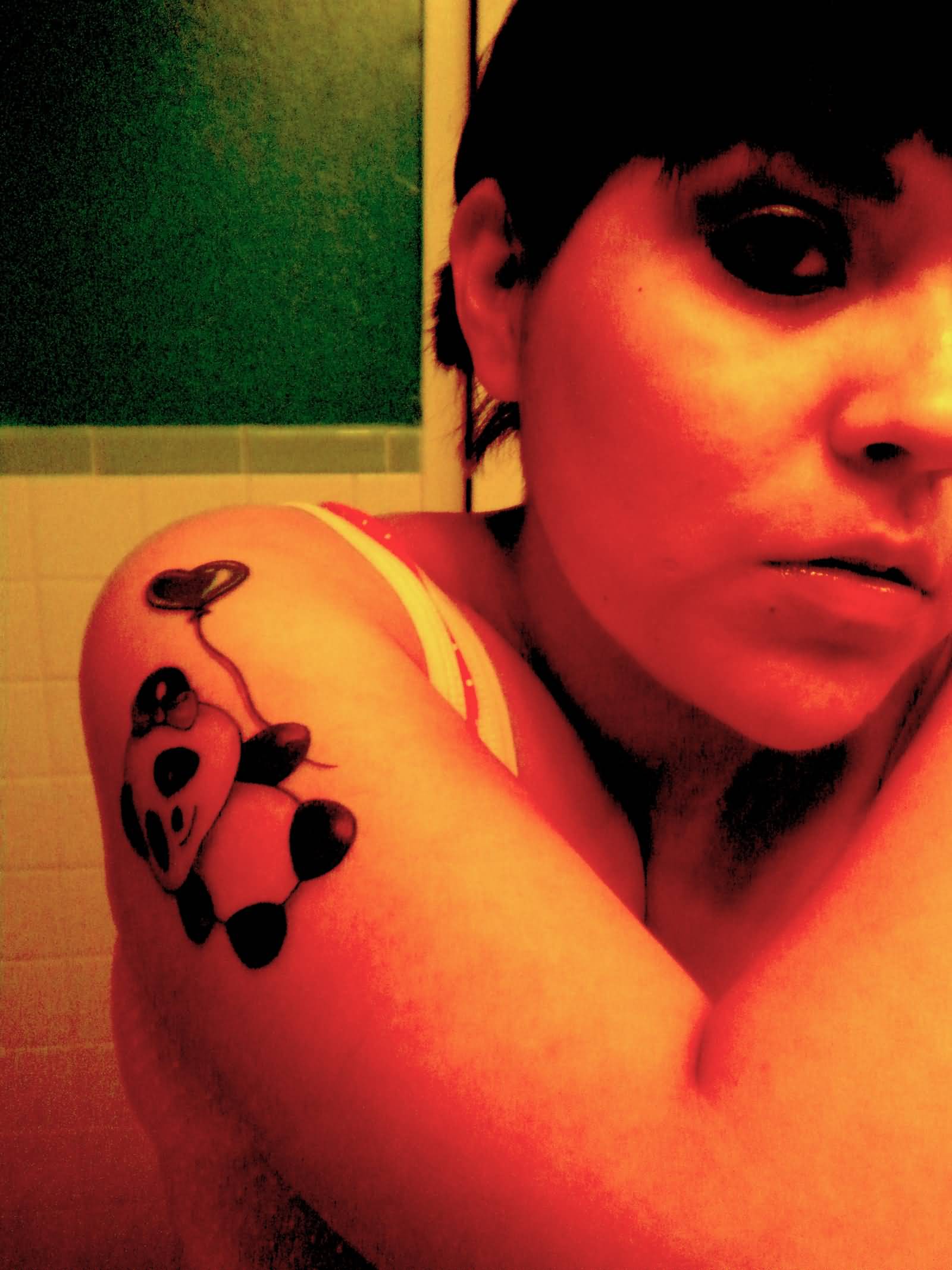 Love Panda With Heart Shaped Flower Tattoo On Right Half Sleeve