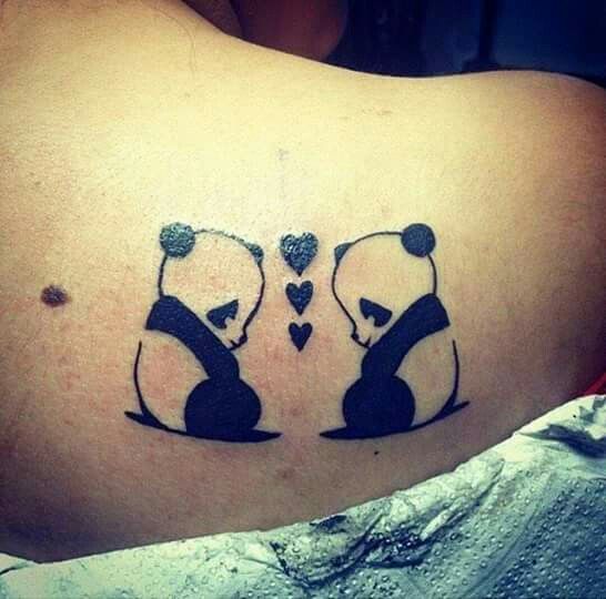 Lovely Sad Pandas With Love Hearts Tattoo On Right Side Of Shoulder