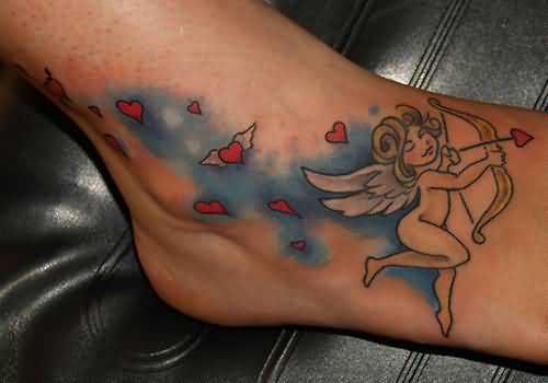 Lovely Small Red Hearts With Crazy Cupid Cherub Girl With Bow And Arrow Tattoo On Foot