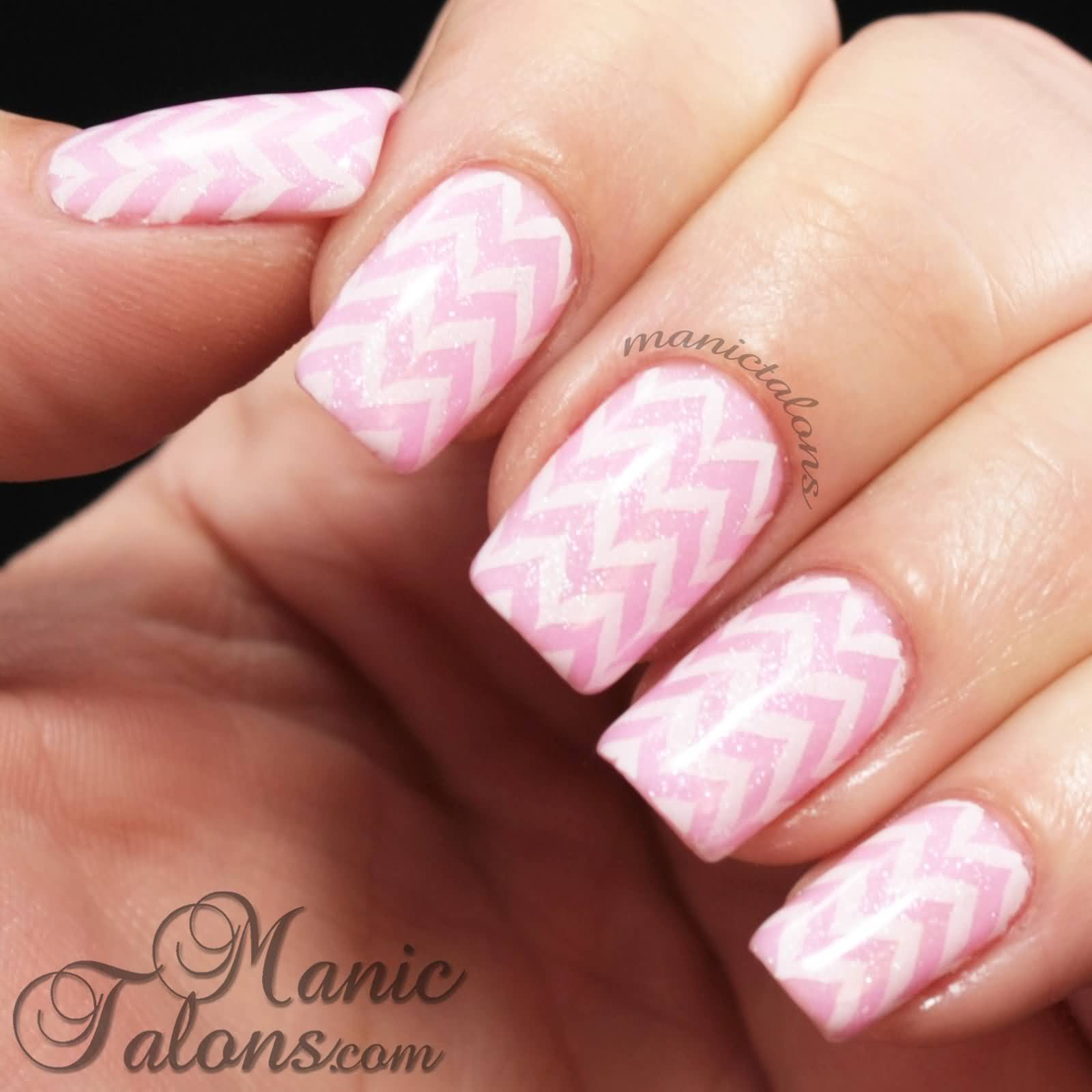 Lovely White On Pink Chevron Nail Art
