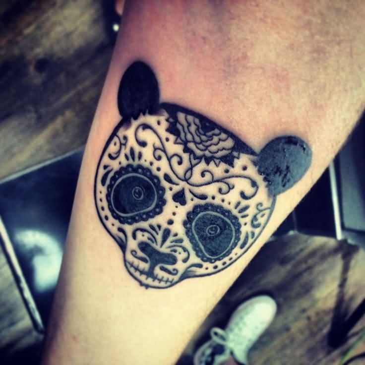 Mexican Style Black Inked Panda's Head Tattoo On Forearm
