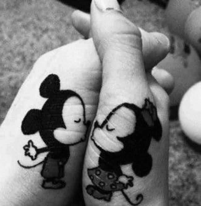 Mickey And Minnie Kissing Tattoo On Hands For Couple