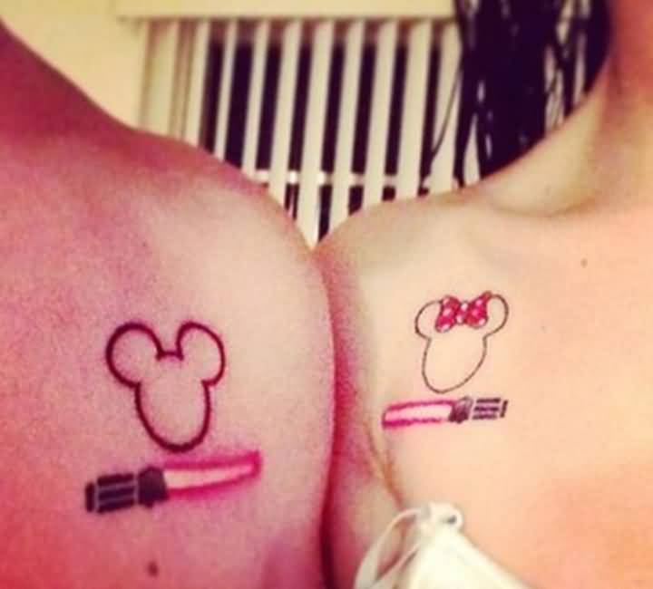 Mickey And Minnie Tattoos On Couple Shoulder