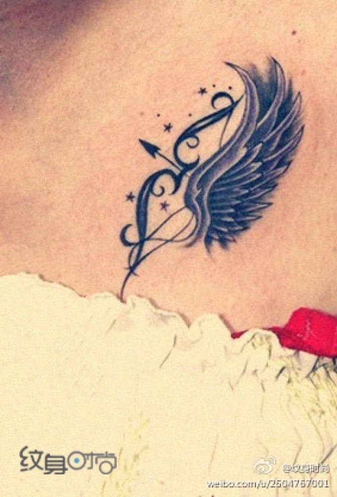 Mind Blowing Bow And Arrow With Angel Wing Tattoo On Collar Bone