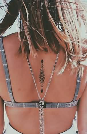 Minimal Black Arrow Tattoo On Upper Back For Girl