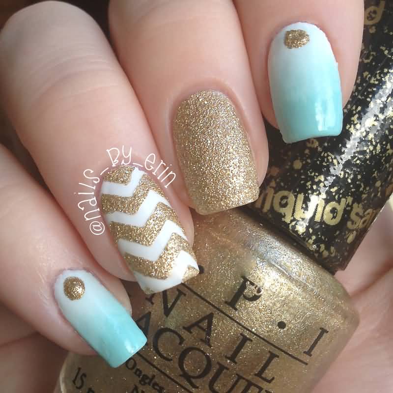 Mint And Gold Gradient And Chevron Nail Art