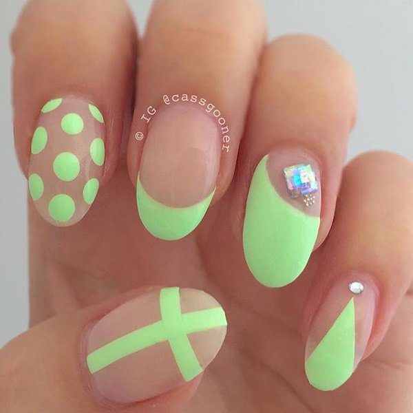 Mint French Tip Nail Art With Polka Dots And Cross Sign Design