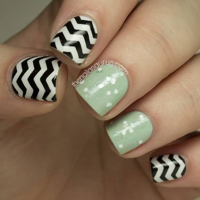 Mint Nails With Black And White Chevron Nail Art