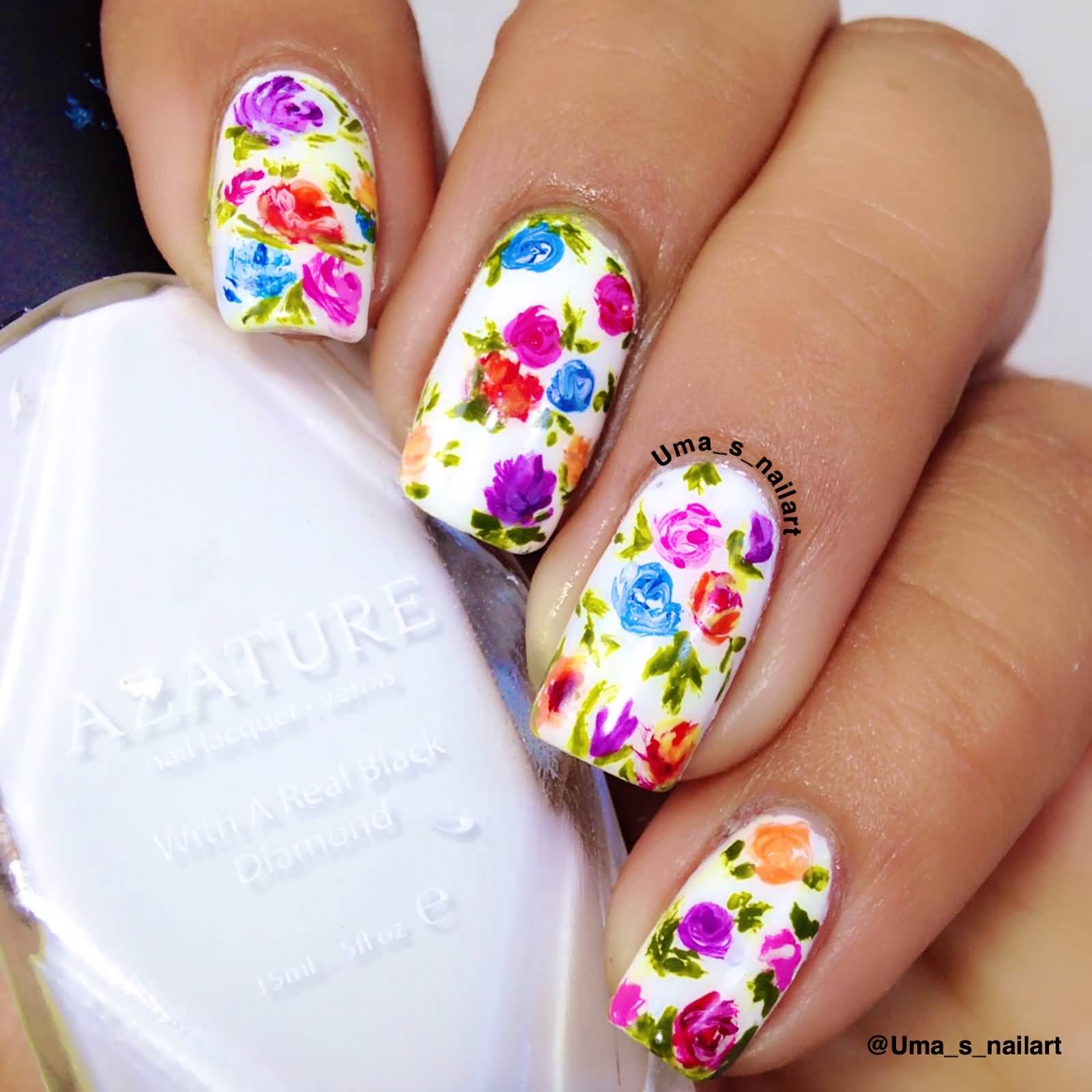 Multicolored Flowers Nail Art On White Nails