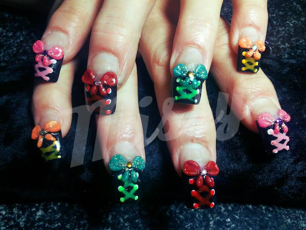 Multicolored 3d Bows And Corset Design Nail Art