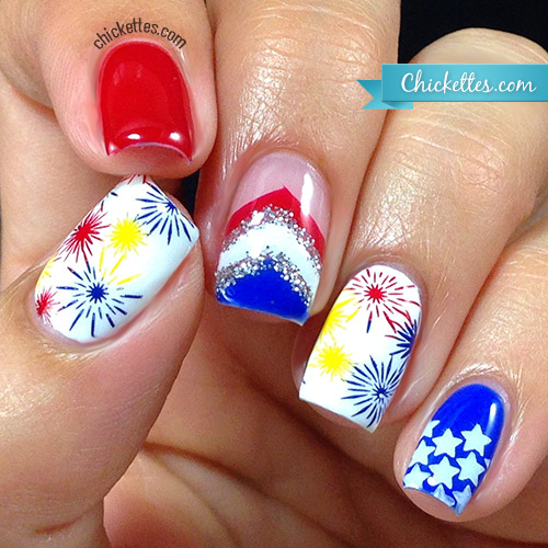 Multicolored Fireworks Design Fourth Of July Nail Art