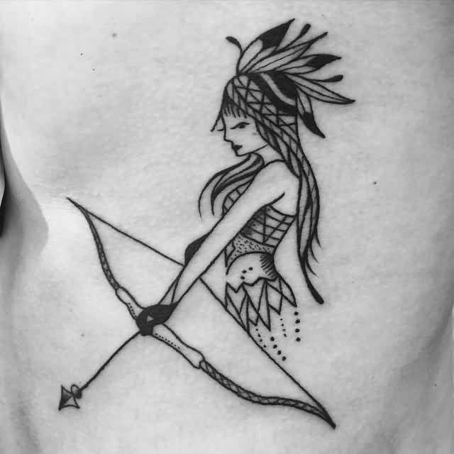 Native Girl Holding Bow And Arrow Tattoo Design