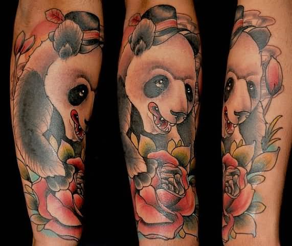 Naughty Panda Wearing Hat With Red Rose Tattoo On Arm Sleeve