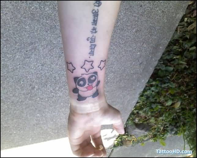 Naughty Small Panda With Letters In Hindi Tattoo On Forearm